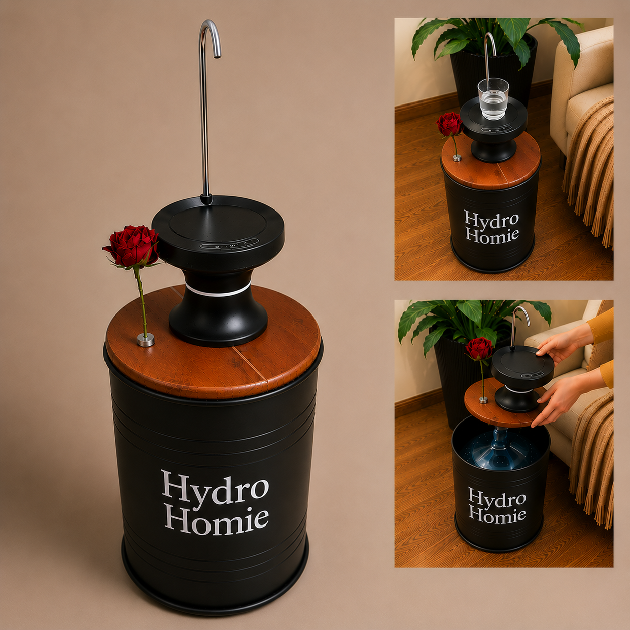 Hydro Homie Printed 5-Gallon Hidden Water Jug Side Table with Wireless Dispenser Pump & Floral Tube - Black