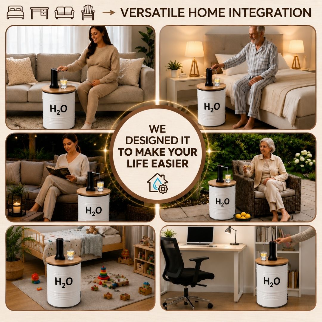 H₂O Labeled White Barrel Water Jug Side Table with Wireless Water Pump Dispenser - Fits All Bottles