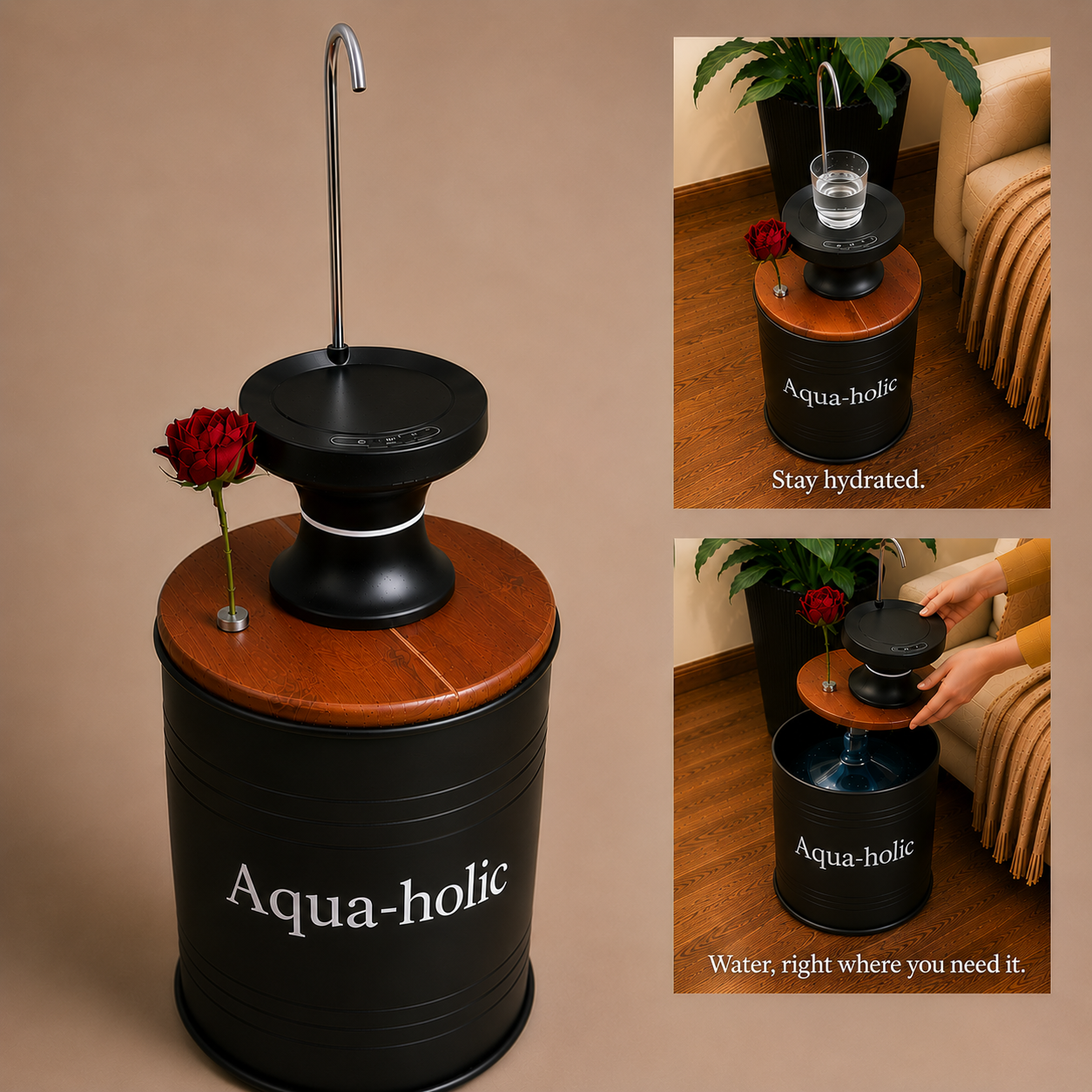 Aqua-holic Printed 5-Gallon Hidden Water Jug Side Table with Wireless Dispenser Pump & Floral Tube -Black