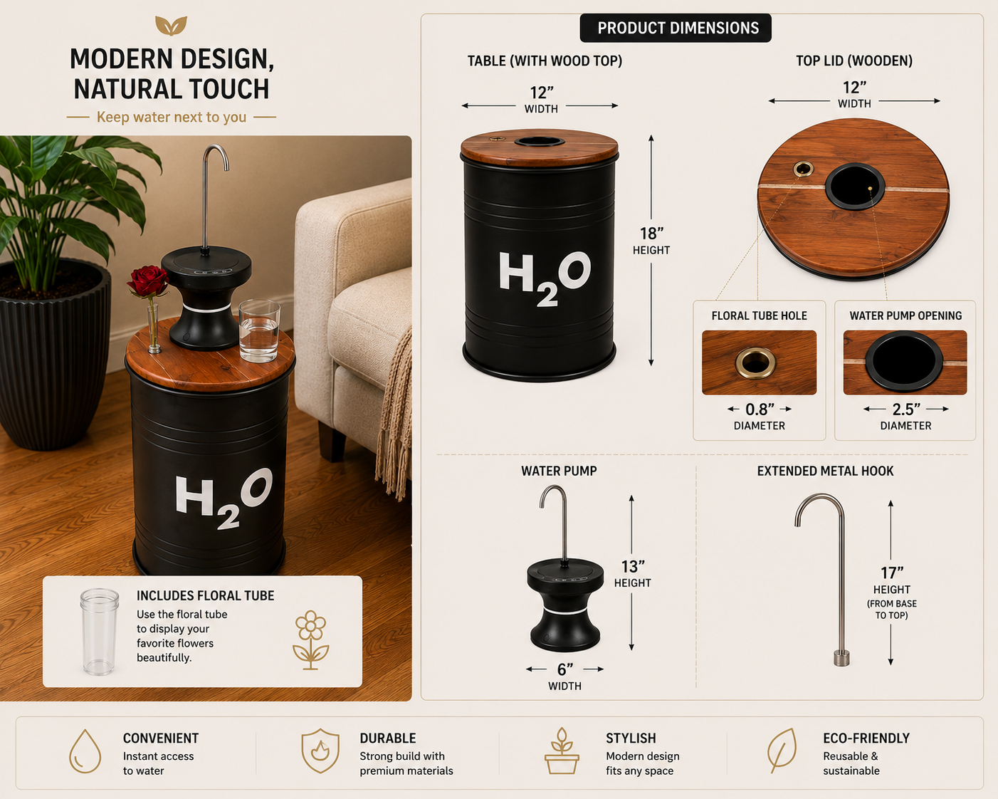 5-Gallon Hidden Water Jug Side Table with Wireless Dispenser Pump & Floral Tube – Black Metal H₂O Barrel