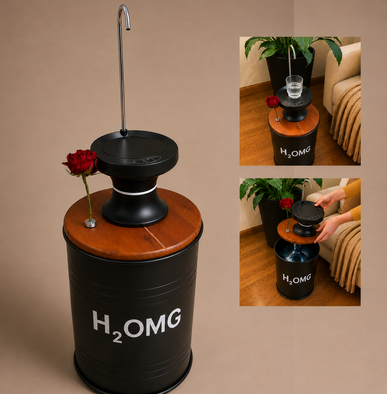 H₂OMG Printed 5-Gallon Hidden Water Jug Side Table with Wireless Dispenser Pump & Floral Tube