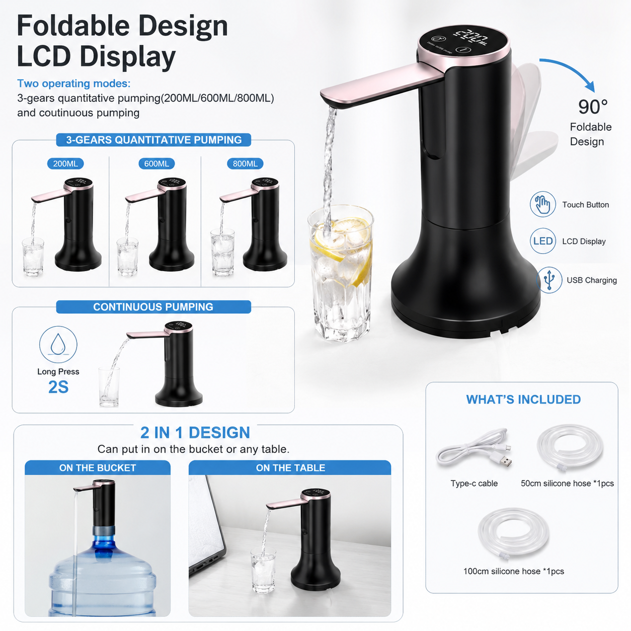 H₂O Black Metal Barrel Water Jug Side Table with Wireless Water Pump Dispenser - Fits All Bottles