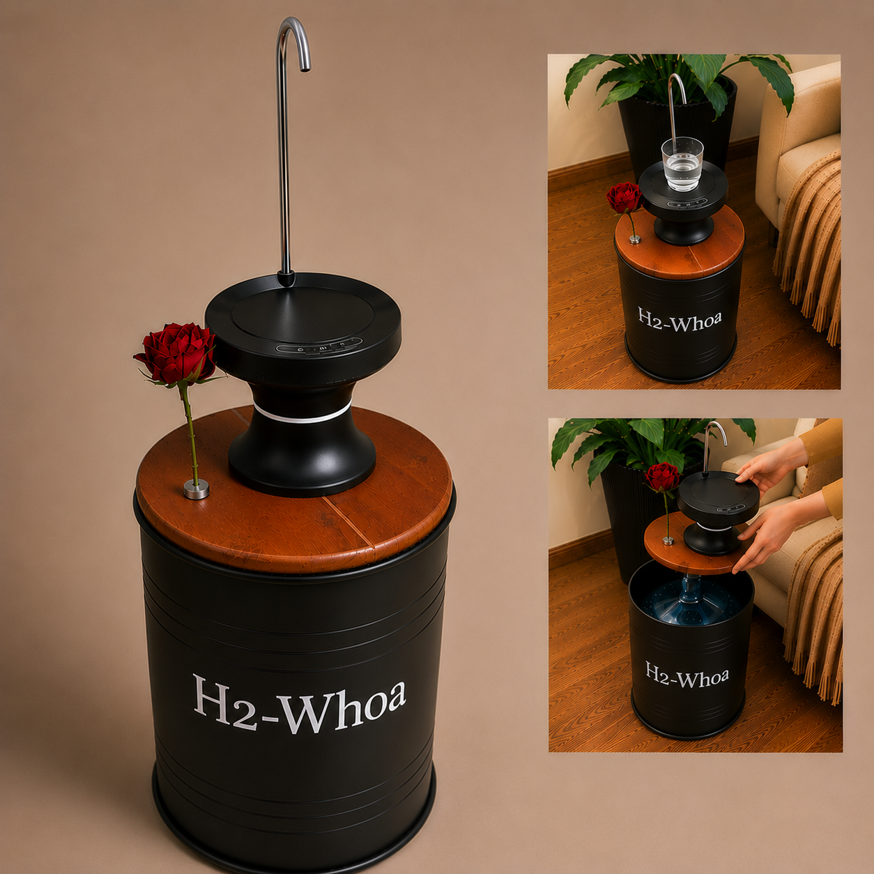 H2-Whoa Printed 5-Gallon Hidden Water Jug Side Table with Wireless Dispenser Pump & Floral Tube -Black