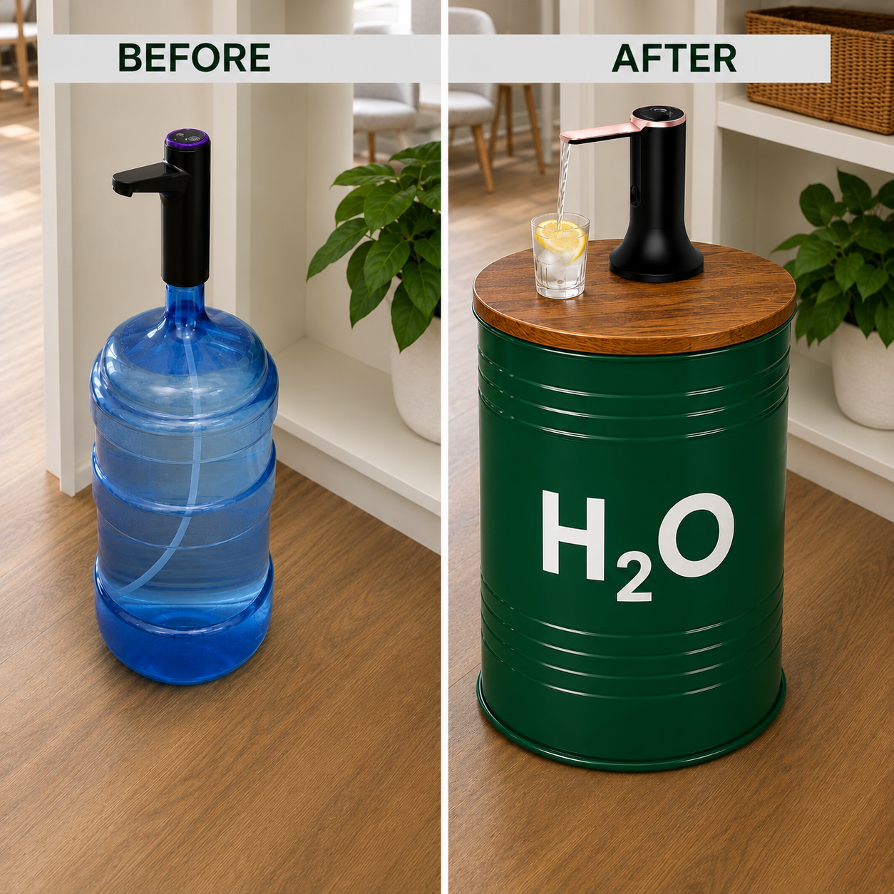 H2O Green Barrel Water Jug Side Table with Wireless Water Pump Dispenser