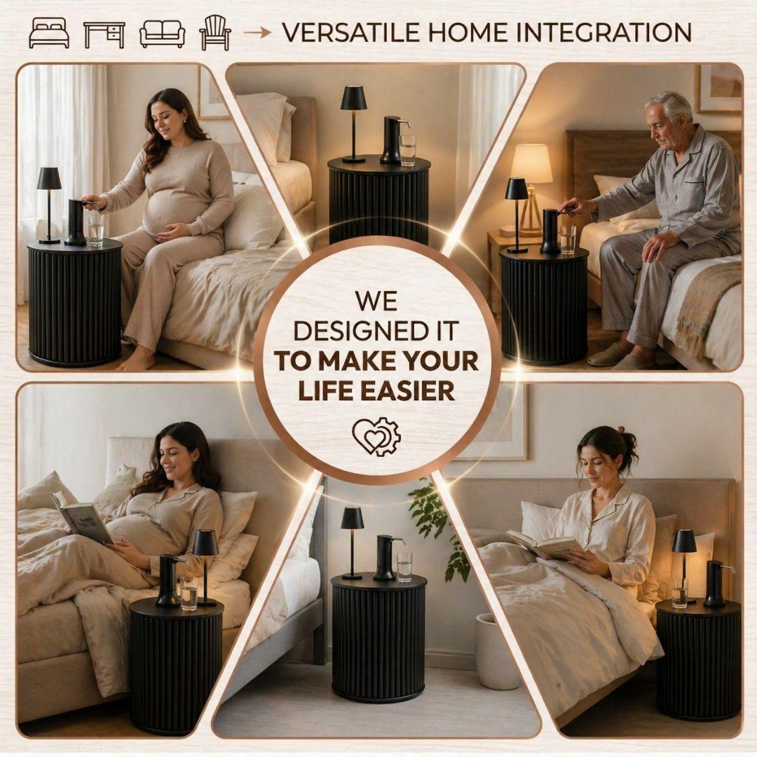 Black Water Jug Side Table with Lamp & Water Pump, Modern Round Side Table Night Stand with Drinking Water Dispenser Pump & Lamp - Fits All Water Bottles
