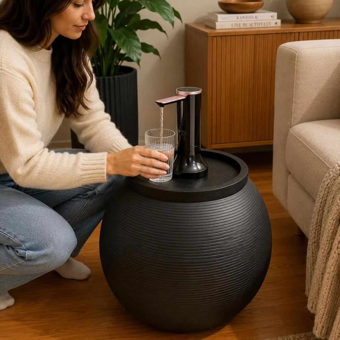 Anthracite Modern Sphere Water Jug Table with Black Wood Top & Wireless Water Pump, Hidden Bottle Cover, Fits Most Standard Water Bottles
