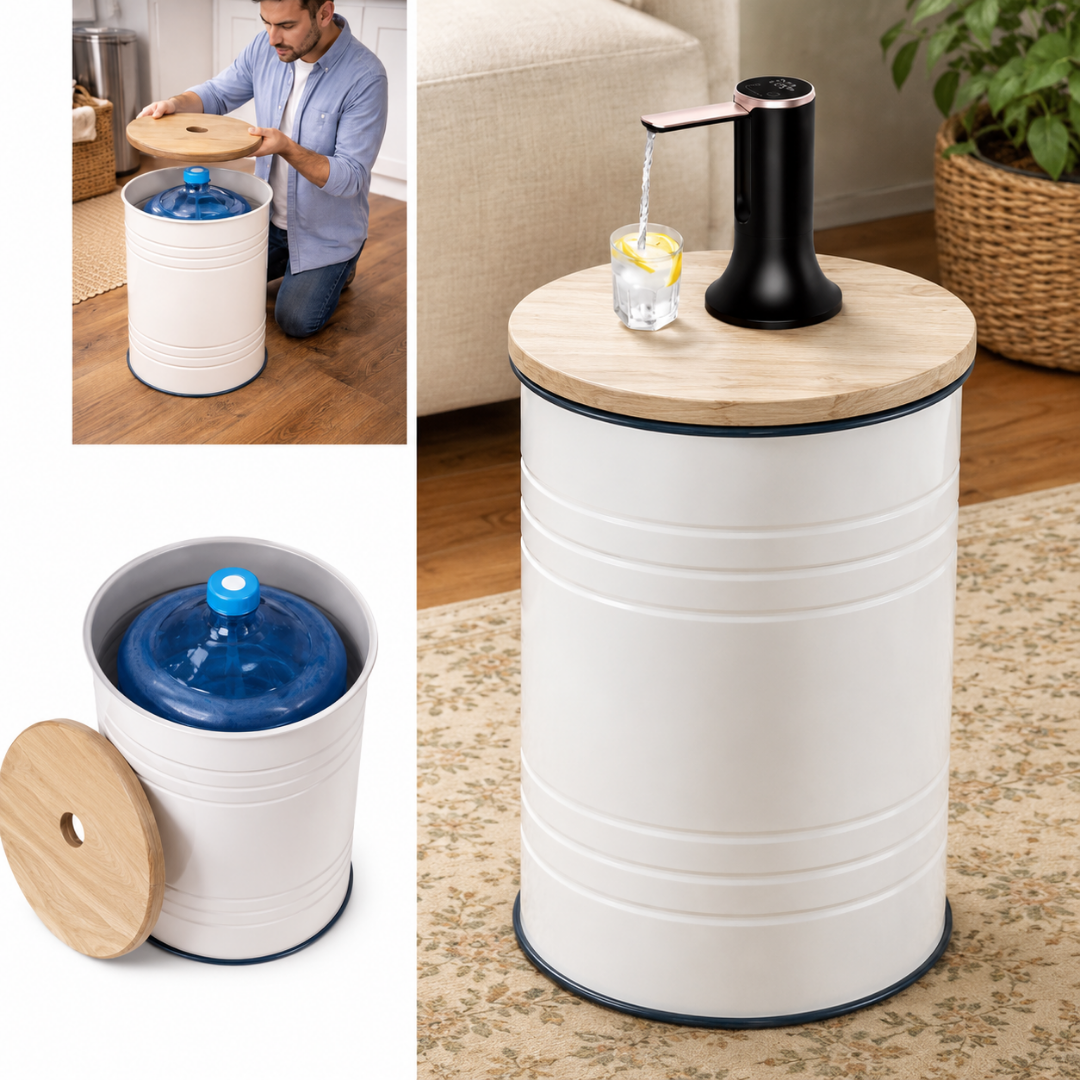 White Barrel Water Jug Side Table with Wireless Water Pump Dispenser - Fits All Bottles