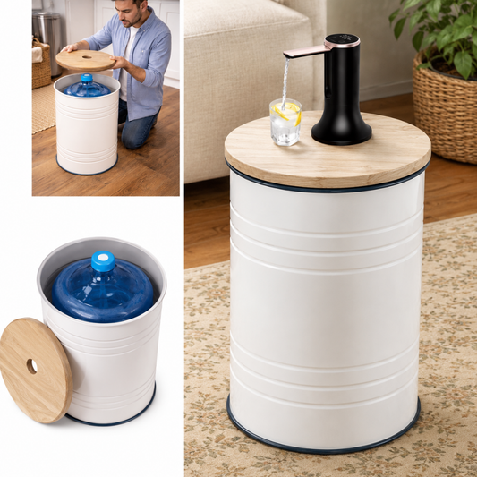 White Barrel Water Jug Side Table with Wireless Water Pump Dispenser - Fits All Bottles
