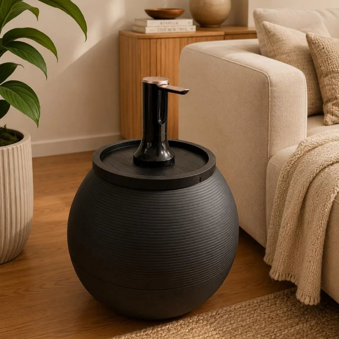 Anthracite Modern Sphere Water Jug Table with Black Wood Top & Wireless Water Pump, Hidden Bottle Cover, Fits Most Standard Water Bottles