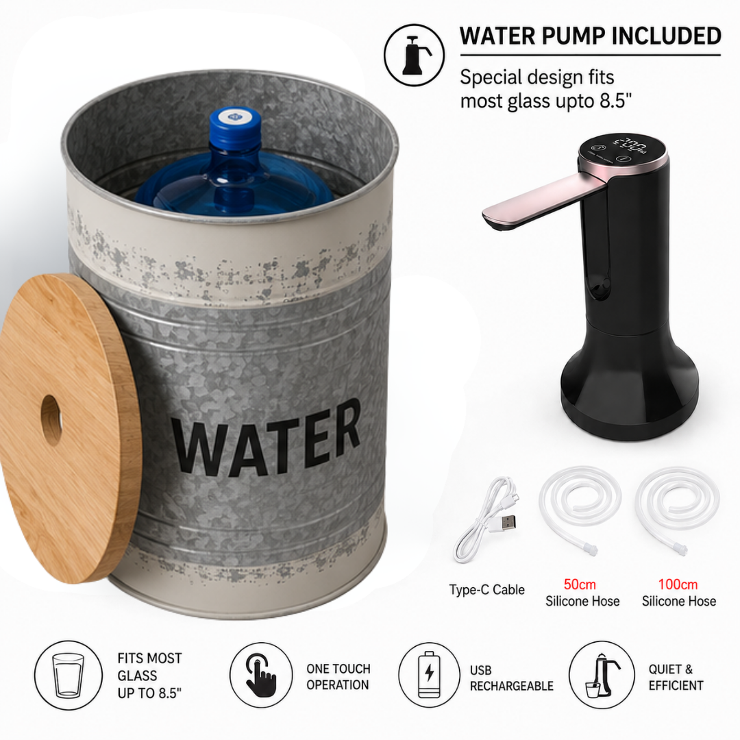 Farmhouse Style Metal Barrel Water Jug Side Table with Wireless Water Pump Dispenser - Fits All Bottles