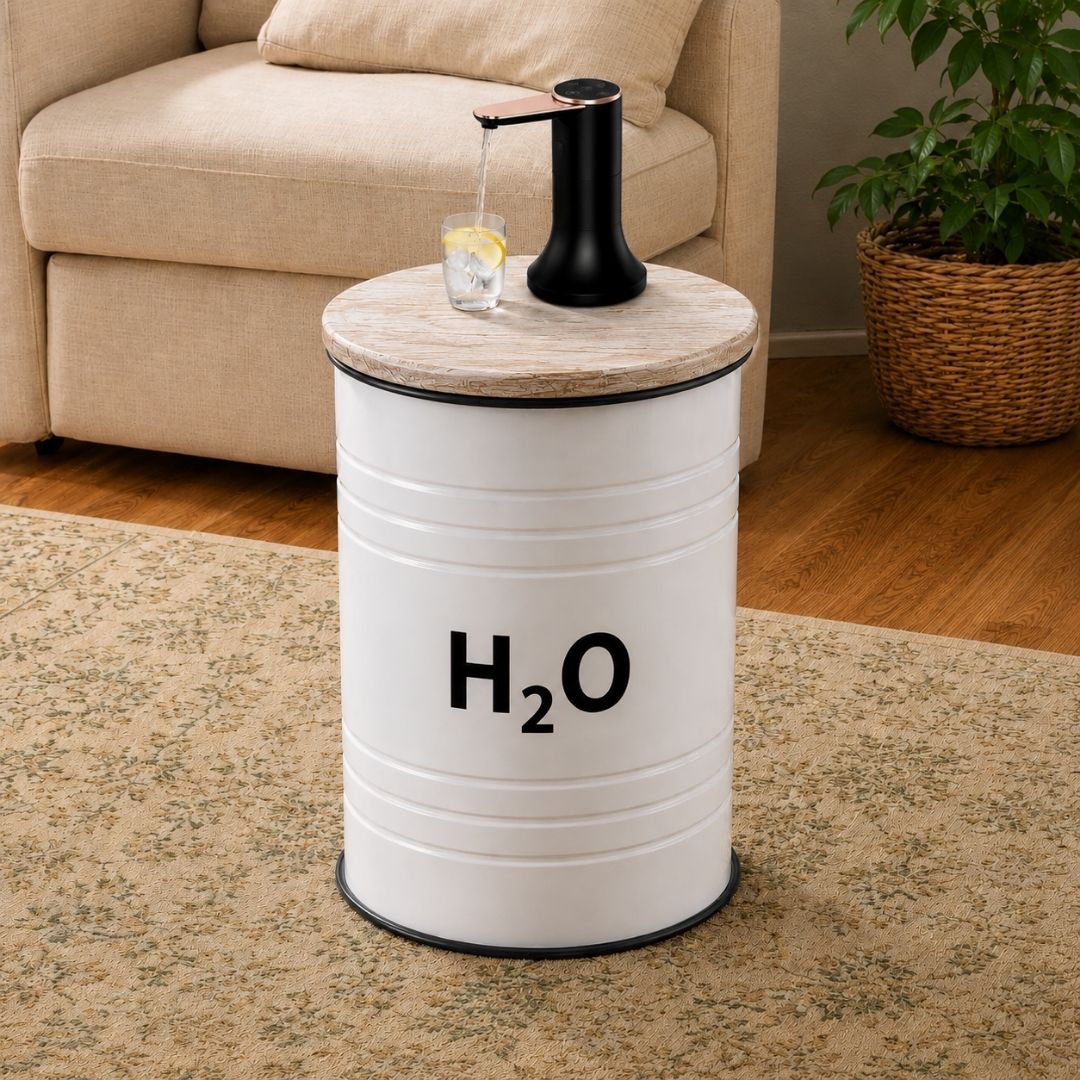 H₂O Labeled White Barrel Water Jug Side Table with Wireless Water Pump Dispenser - Fits All Bottles