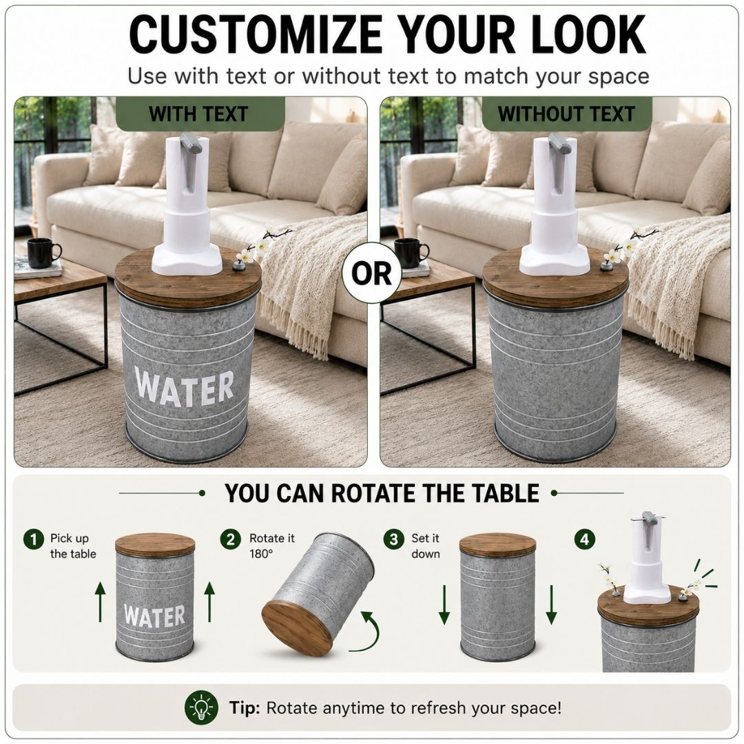 Rustic Style Metal Barrel Water Jug Side Table with Wireless Water Pump Dispenser and Floral Tube - Fits All Bottles