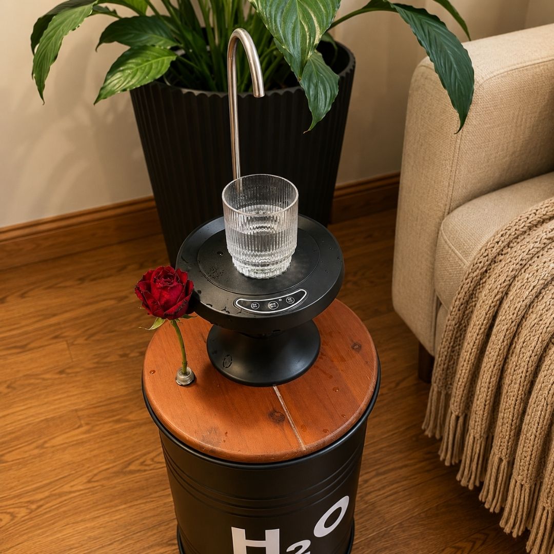 5-Gallon Hidden Water Jug Side Table with Wireless Dispenser Pump & Floral Tube – Black Metal H₂O Barrel