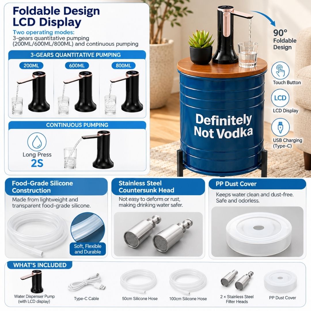 Definitely Not Vodka Printed 5-Gallon Hidden Water Jug Side Table with Wireless Dispenser Pump & Metal Stand - Blue