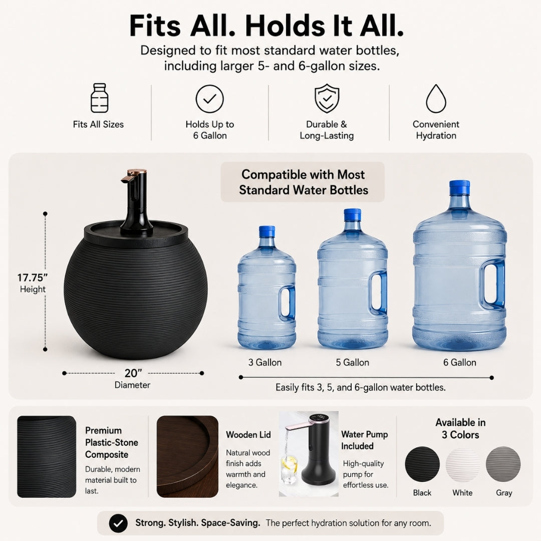 Anthracite Modern Sphere Water Jug Table with Black Wood Top & Wireless Water Pump, Hidden Bottle Cover, Fits Most Standard Water Bottles