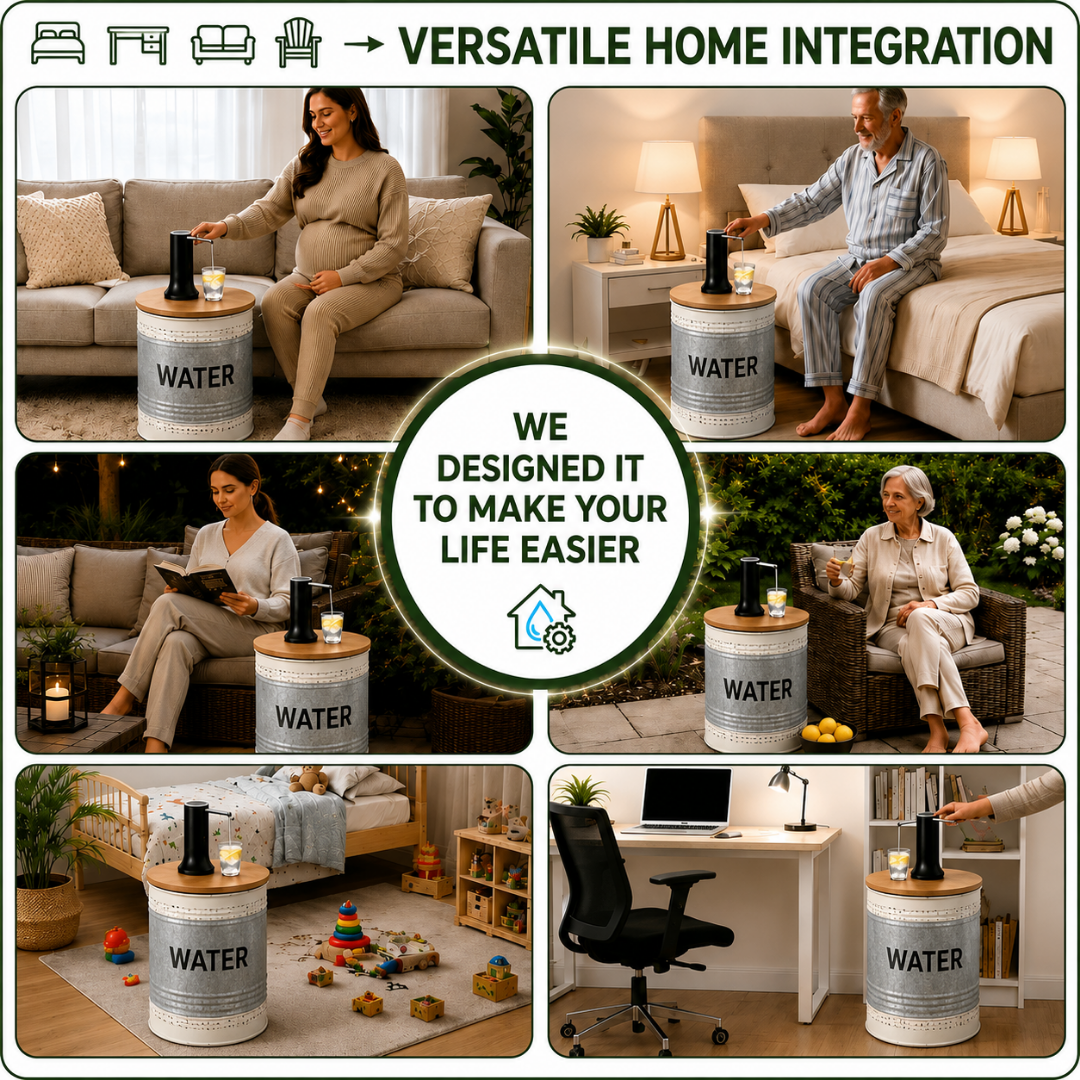 Farmhouse Style Metal Barrel Water Jug Side Table with Wireless Water Pump Dispenser - Fits All Bottles