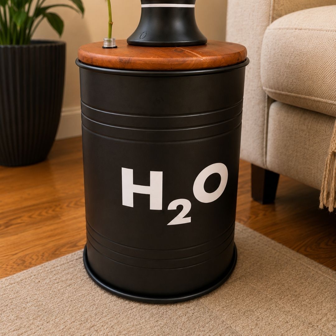 5-Gallon Hidden Water Jug Side Table with Wireless Dispenser Pump & Floral Tube – Black Metal H₂O Barrel