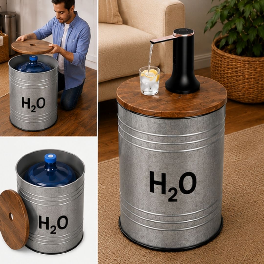 H₂O Metal Hidden Water Jug Side Table w/ Storage – Metal Barrel 1–5 Gallon Water Bottle Cover, End Table w/ Water Storage, Fits All Bottles