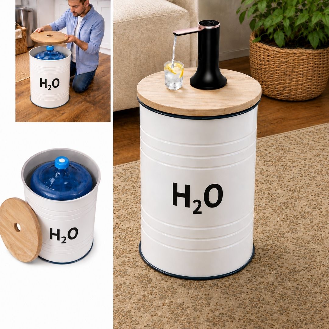 H₂O Labeled White Barrel Water Jug Side Table with Wireless Water Pump Dispenser - Fits All Bottles