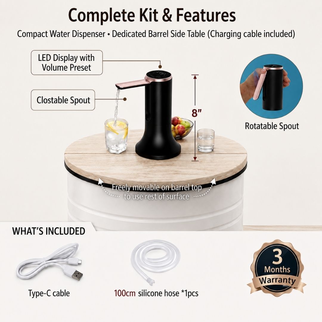 H₂O Labeled White Barrel Water Jug Side Table with Wireless Water Pump Dispenser - Fits All Bottles