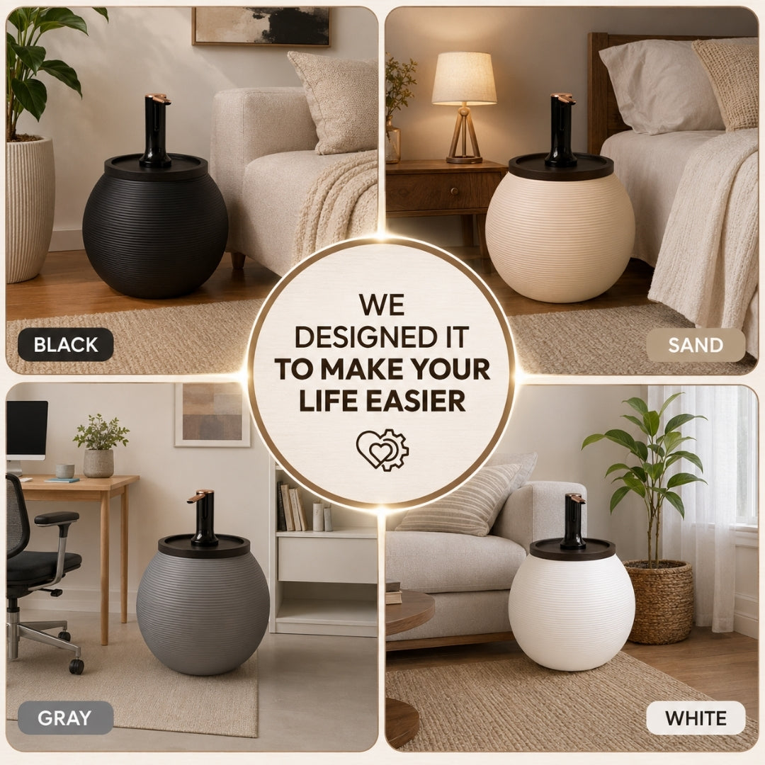 White Modern Sphere Water Jug Table with Black Wood Top & Wireless Water Pump, Hidden Bottle Cover, Fits Most Standard Water Bottles