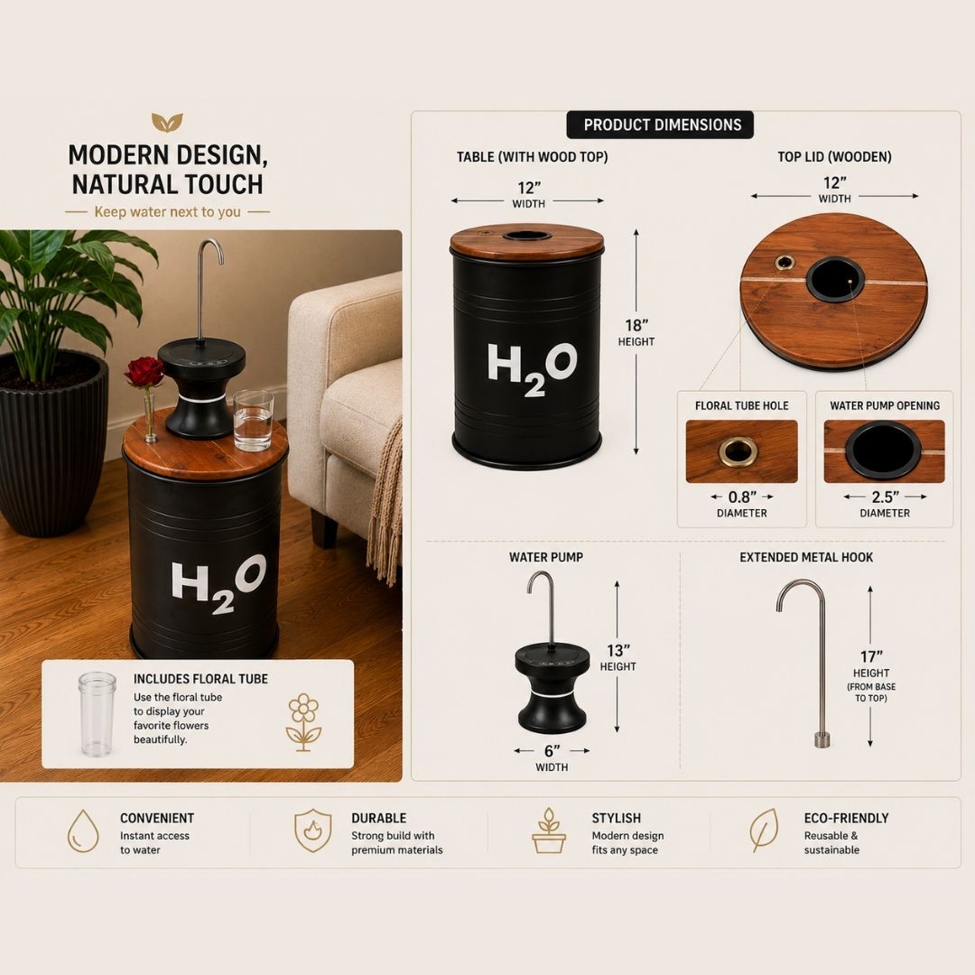 5-Gallon Hidden Water Jug Side Table with Wireless Dispenser Pump & Floral Tube – Black Metal H₂O Barrel