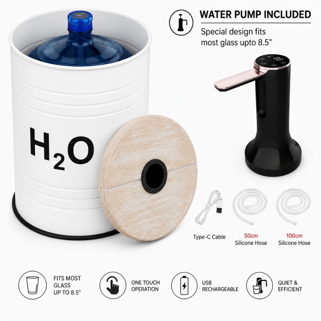 H₂O Labeled White Barrel Water Jug Side Table with Wireless Water Pump Dispenser - Fits All Bottles