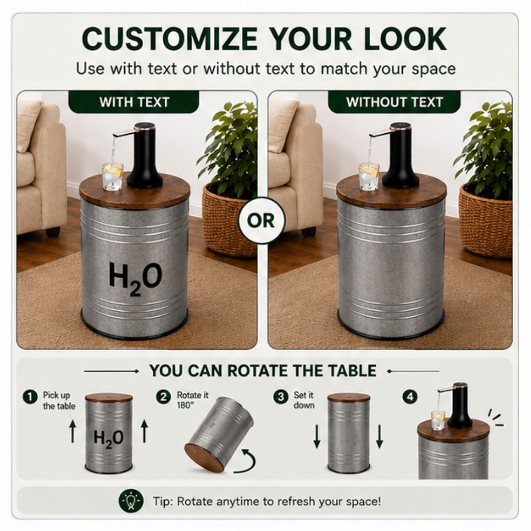 H₂O Metal Hidden Water Jug Side Table w/ Storage – Metal Barrel 1–5 Gallon Water Bottle Cover, End Table w/ Water Storage, Fits All Bottles