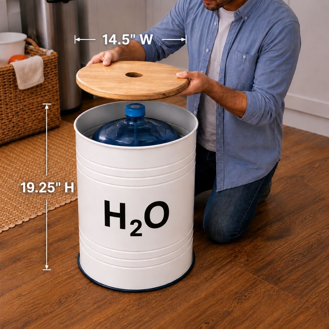 H₂O Labeled White Barrel Water Jug Side Table with Wireless Water Pump Dispenser - Fits All Bottles