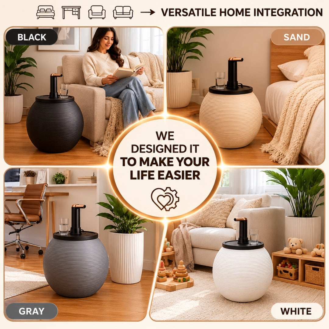 White Modern Sphere Water Jug Table with Black Wood Top & Wireless Water Pump, Hidden Bottle Cover, Fits Most Standard Water Bottles