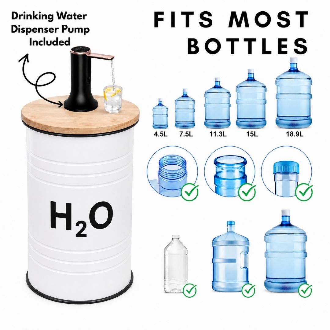 H₂O Labeled White Barrel Water Jug Side Table with Wireless Water Pump Dispenser - Fits All Bottles