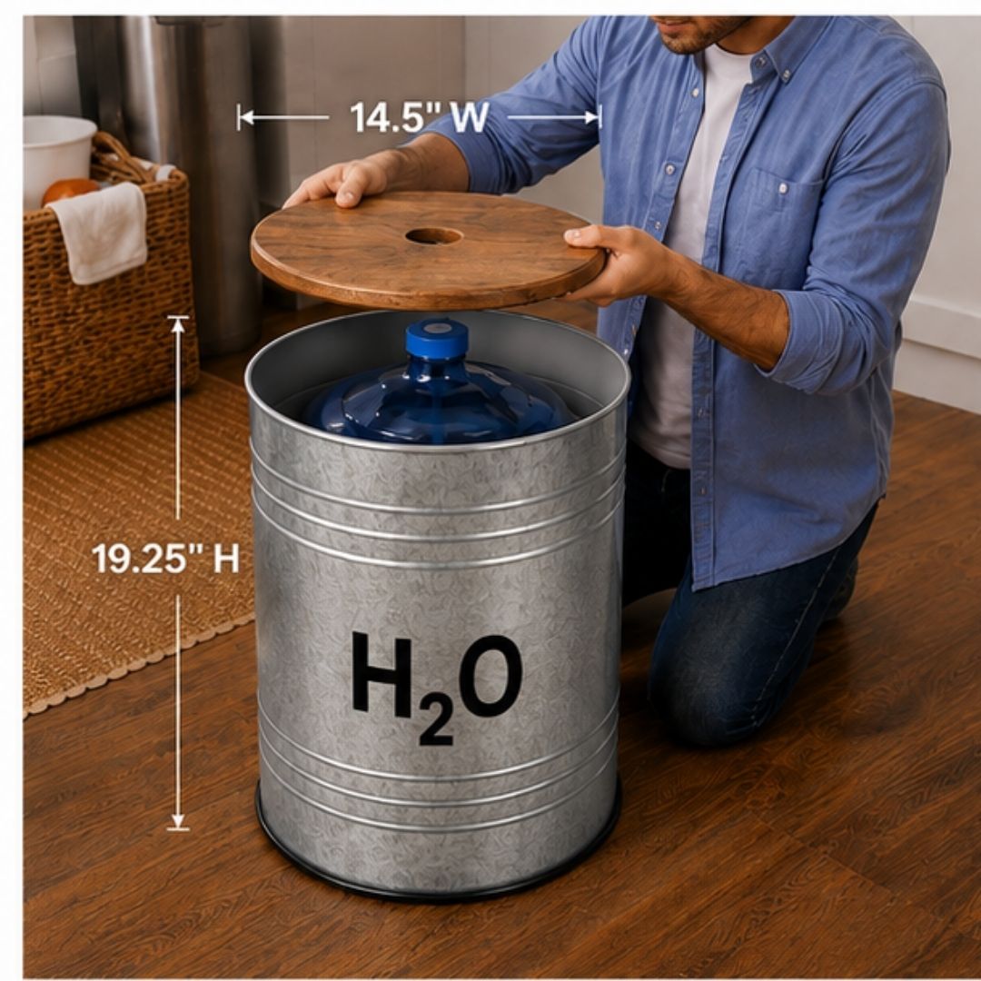 H₂O Metal Hidden Water Jug Side Table w/ Storage – Metal Barrel 1–5 Gallon Water Bottle Cover, End Table w/ Water Storage, Fits All Bottles