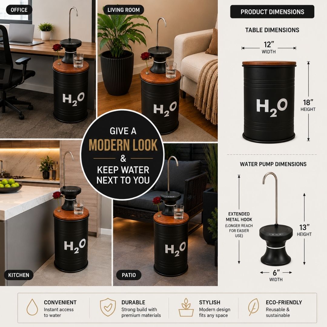 5-Gallon Hidden Water Jug Side Table with Wireless Dispenser Pump & Floral Tube – Black Metal H₂O Barrel
