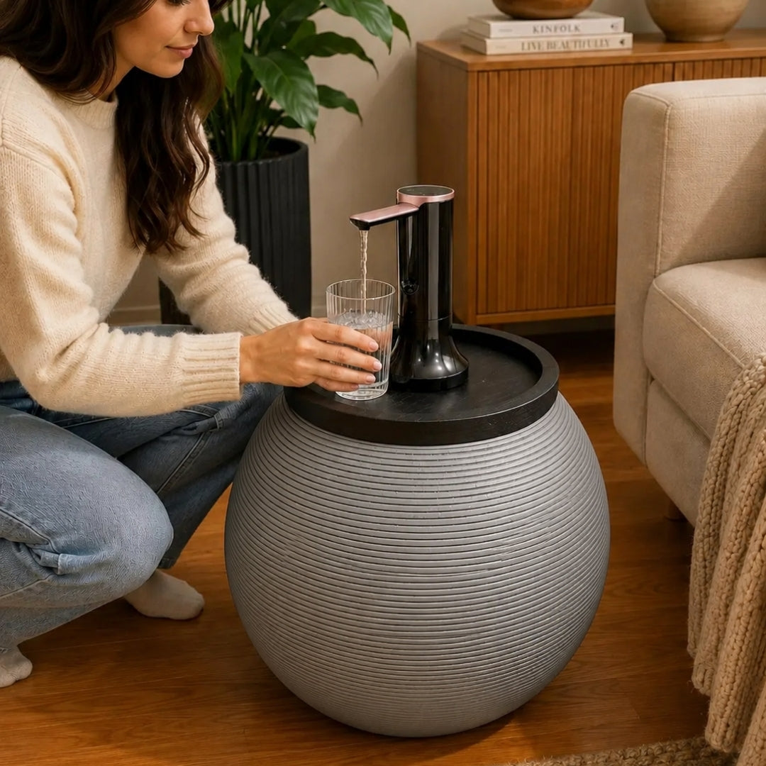 Gray Modern Sphere Water Jug Table with Black Wood Top & Wireless Water Pump, Hidden Bottle Cover, Fits Most Standard Water Bottles