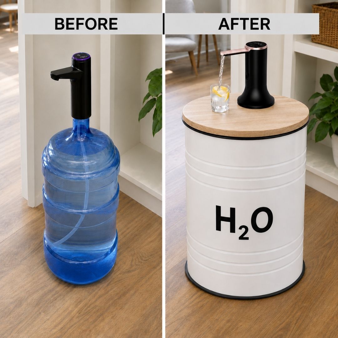 H₂O Labeled White Barrel Water Jug Side Table with Wireless Water Pump Dispenser - Fits All Bottles