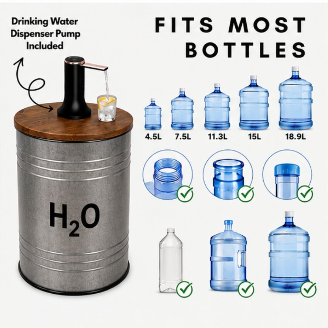H₂O Metal Hidden Water Jug Side Table w/ Storage – Metal Barrel 1–5 Gallon Water Bottle Cover, End Table w/ Water Storage, Fits All Bottles