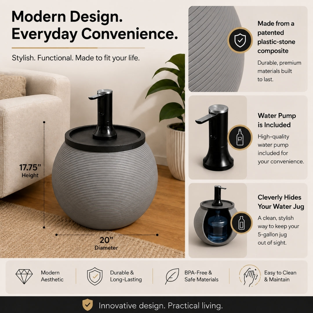 Gray Modern Sphere Water Jug Table with Black Wood Top & Wireless Water Pump, Hidden Bottle Cover, Fits Most Standard Water Bottles