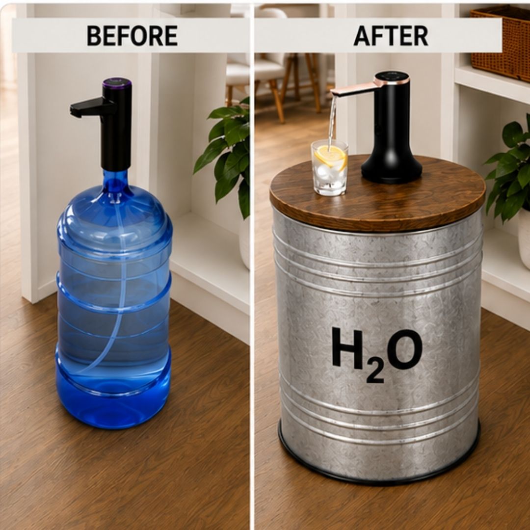 H₂O Metal Hidden Water Jug Side Table w/ Storage – Metal Barrel 1–5 Gallon Water Bottle Cover, End Table w/ Water Storage, Fits All Bottles