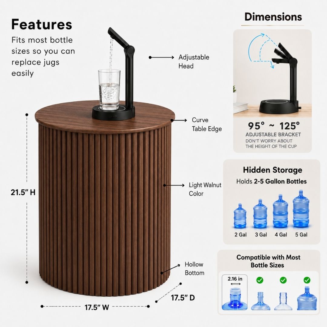 Walnut Round Water Jug Table with Adjustable Head Design Desktop Water Dispenser Pump