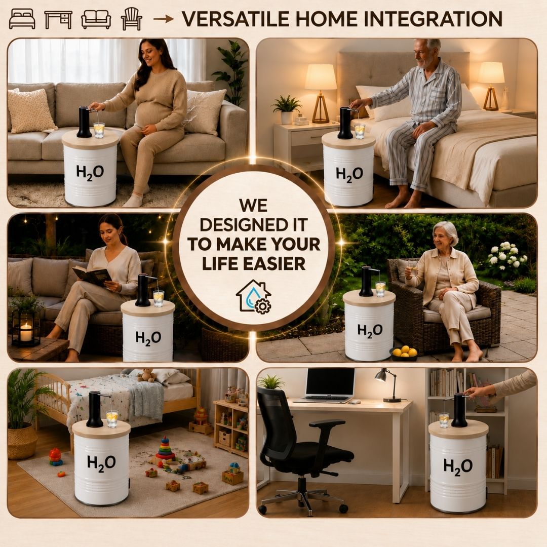 H₂O Labeled White Barrel Water Jug Side Table with Wireless Water Pump Dispenser - Fits All Bottles