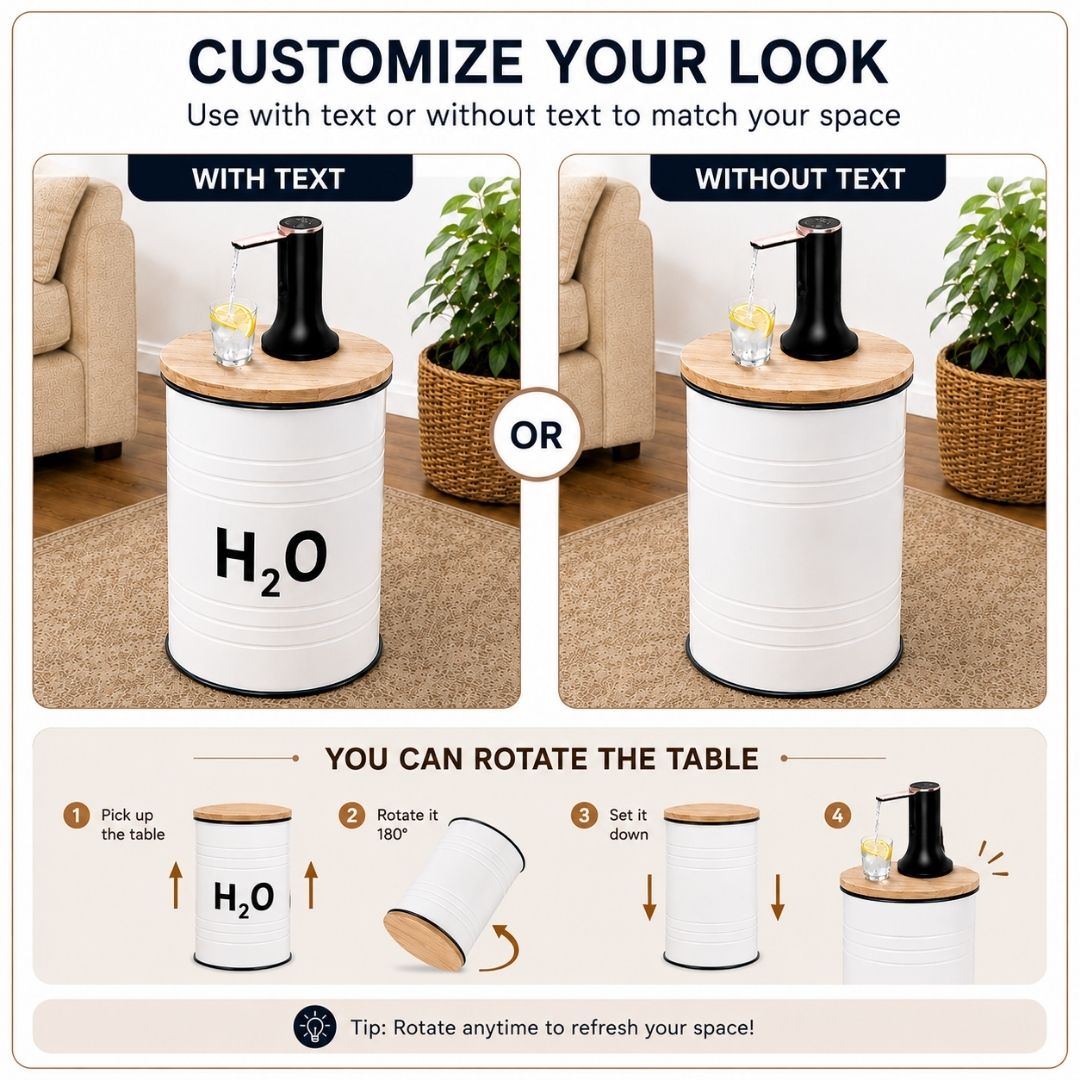 H₂O Labeled White Barrel Water Jug Side Table with Wireless Water Pump Dispenser - Fits All Bottles