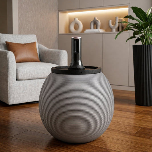 Gray Modern Sphere Water Jug Table with Black Wood Top & Wireless Water Pump, Hidden Bottle Cover, Fits Most Standard Water Bottles