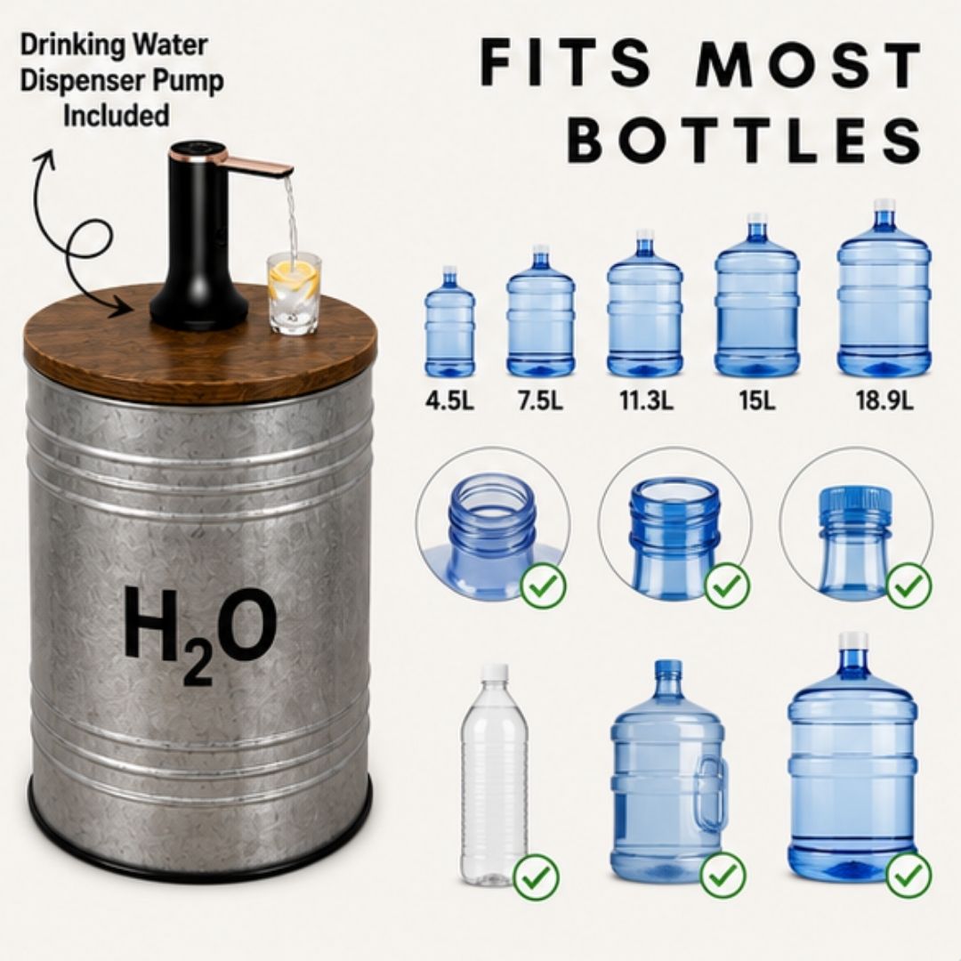 H₂O Metal Hidden Water Jug Side Table w/ Storage – Metal Barrel 1–5 Gallon Water Bottle Cover, End Table w/ Water Storage, Fits All Bottles