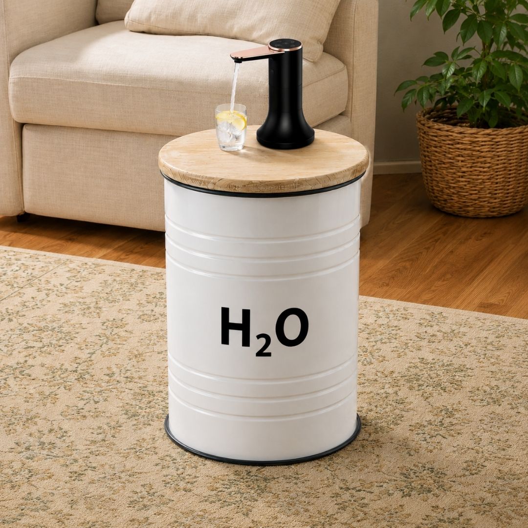 H₂O Labeled White Barrel Water Jug Side Table with Wireless Water Pump Dispenser - Fits All Bottles