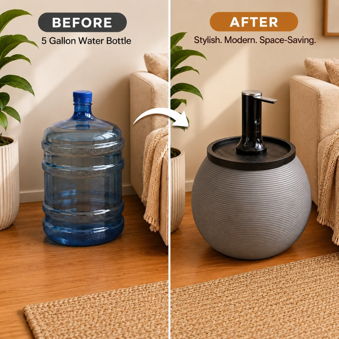 Gray Modern Sphere Water Jug Table with Black Wood Top & Wireless Water Pump, Hidden Bottle Cover, Fits Most Standard Water Bottles