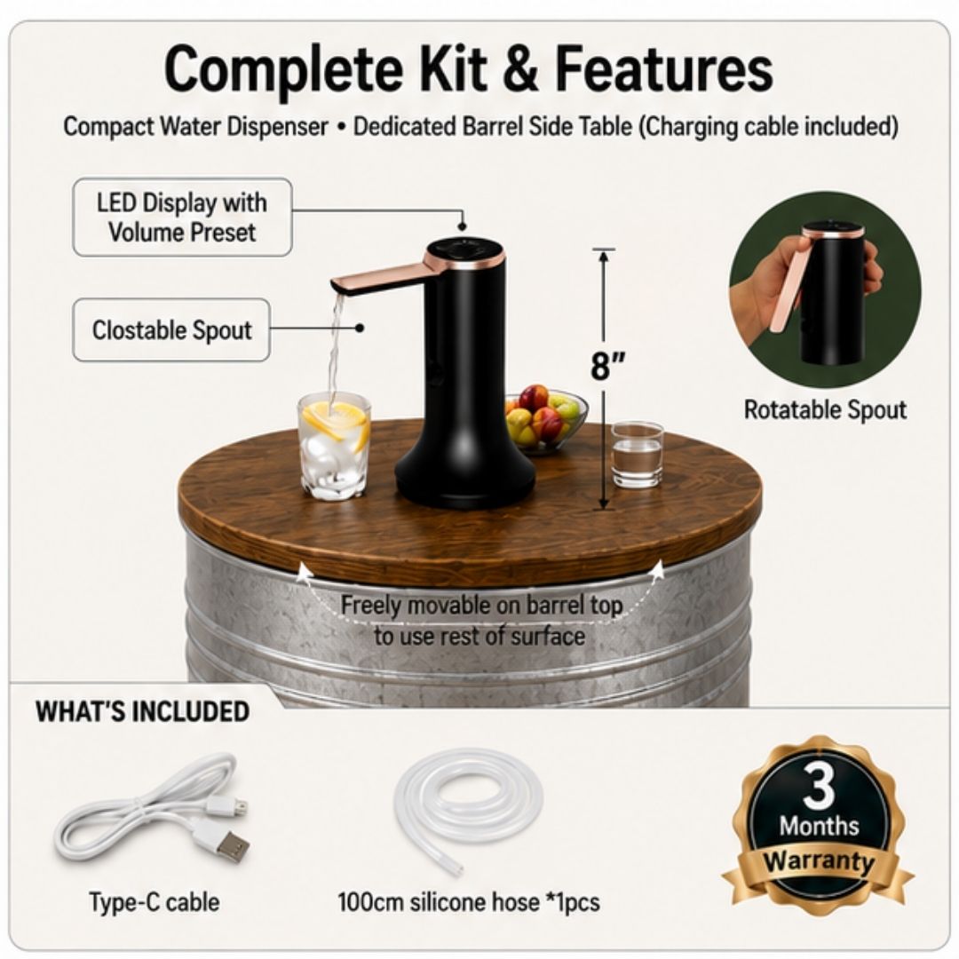 H₂O Metal Hidden Water Jug Side Table w/ Storage – Metal Barrel 1–5 Gallon Water Bottle Cover, End Table w/ Water Storage, Fits All Bottles