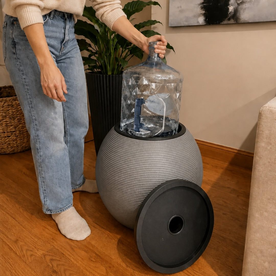 Gray Modern Sphere Water Jug Table with Black Wood Top & Wireless Water Pump, Hidden Bottle Cover, Fits Most Standard Water Bottles