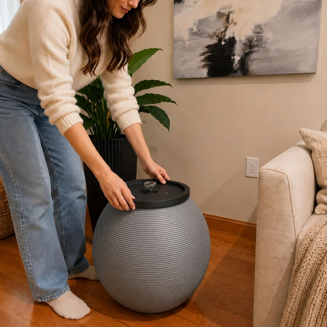 Gray Modern Sphere Water Jug Table with Black Wood Top & Wireless Water Pump, Hidden Bottle Cover, Fits Most Standard Water Bottles
