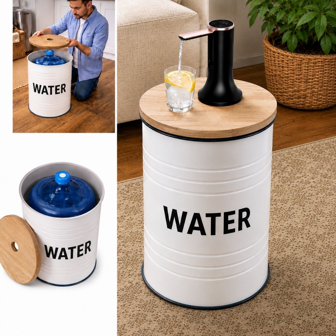 Water Labeled White Barrel Water Jug Side Table with Wireless Water Pump Dispenser - Fits All Bottles