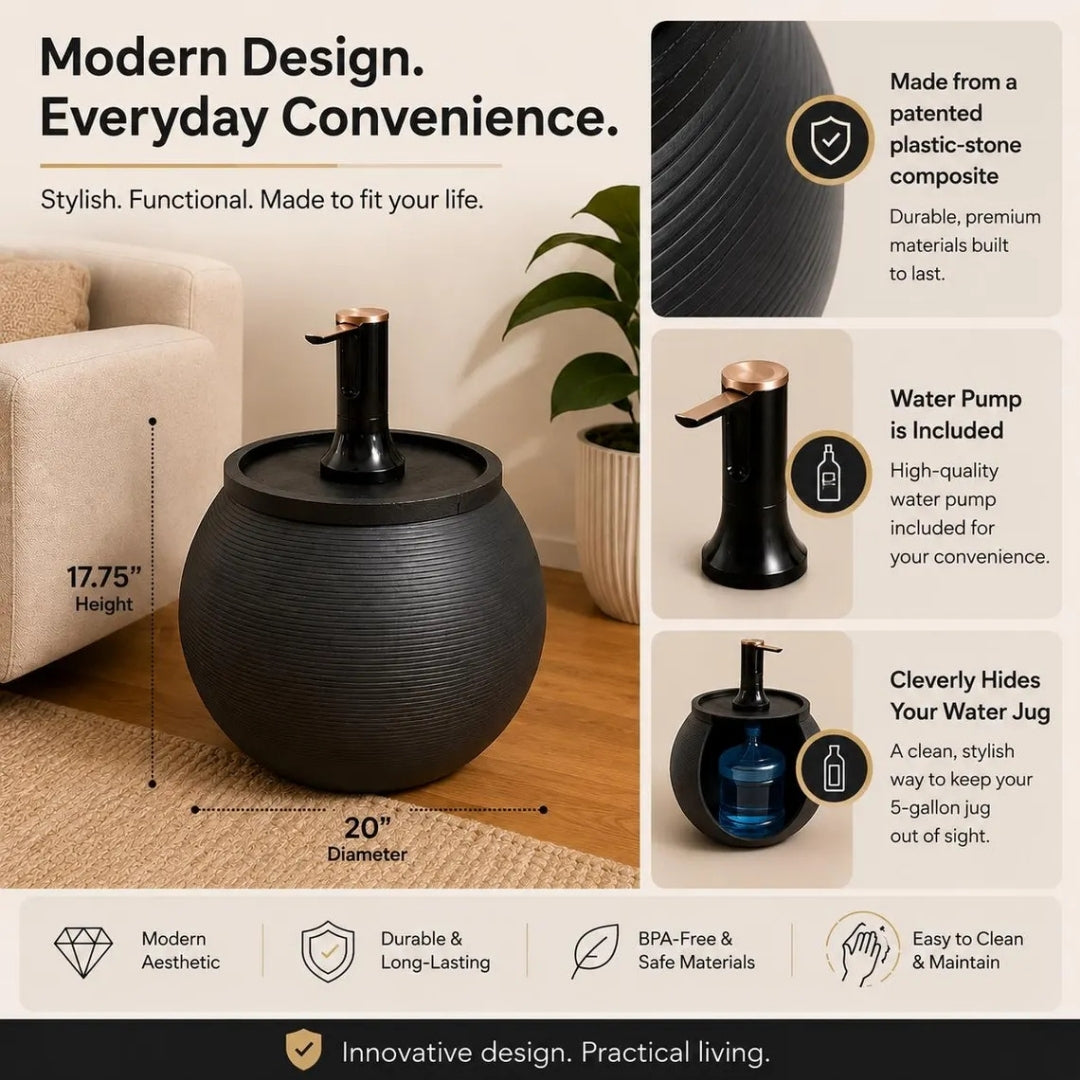 Anthracite Modern Sphere Water Jug Table with Black Wood Top & Wireless Water Pump, Hidden Bottle Cover, Fits Most Standard Water Bottles